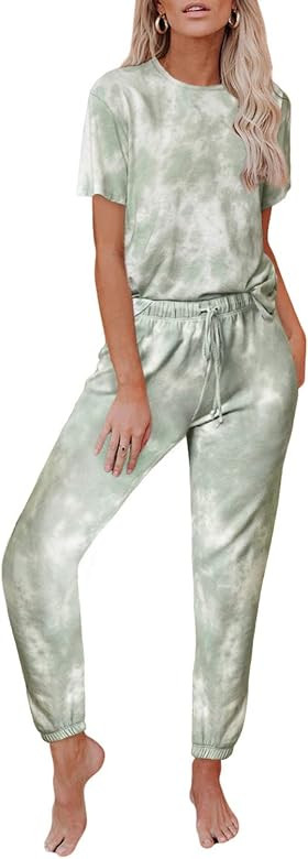 Women's Tie Dye Printed Long Sleeve Tops and Pants Long Pajamas Set Joggers PJ Sets Nightwear Lou... | Amazon (US)