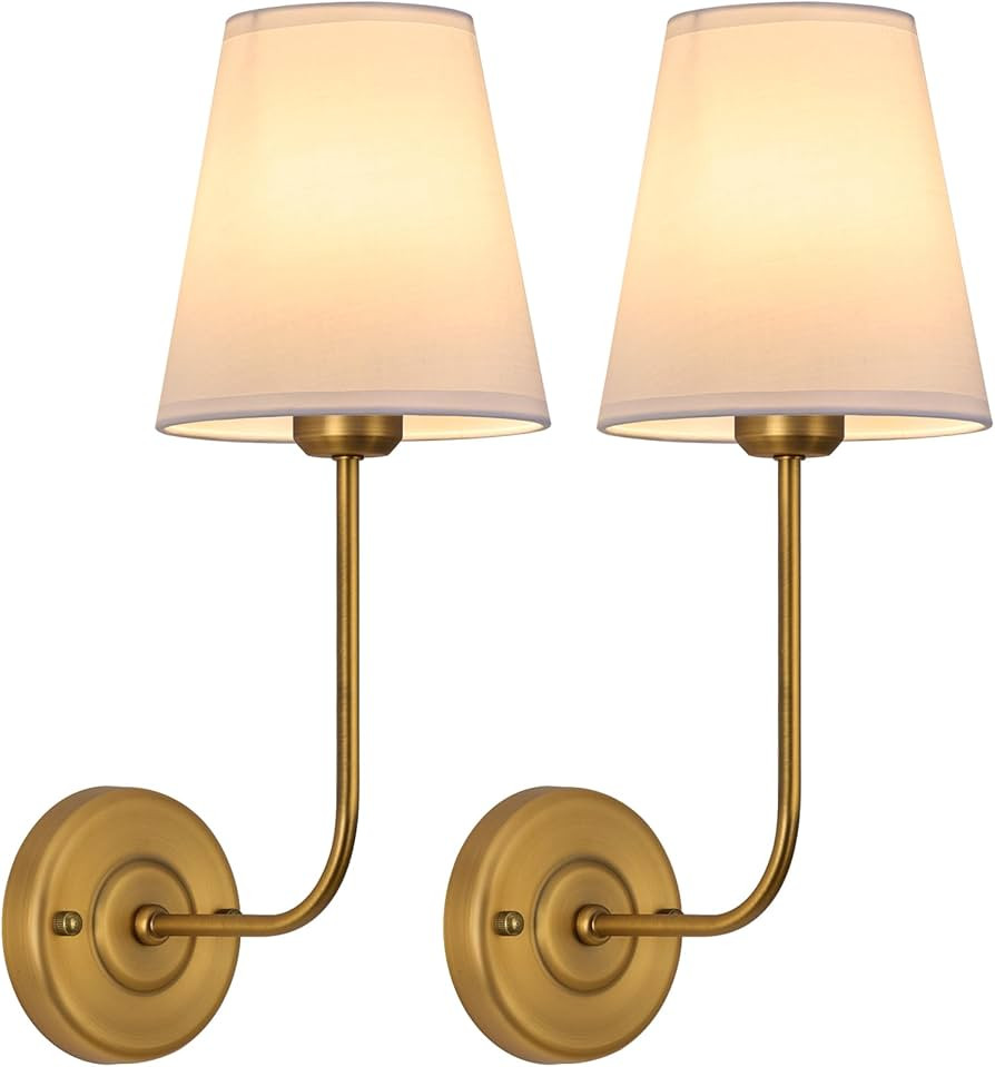 TERLEENART Hardwired Wall Sconce Set of 2 with Flared Shape White Textile Shade Curved Arm and An... | Amazon (US)
