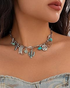 Western Necklace for Women Western Turquoise Cowgirl Hat Cowboy Boot Cactus Horse Cow Head Charm ... | Amazon (US)