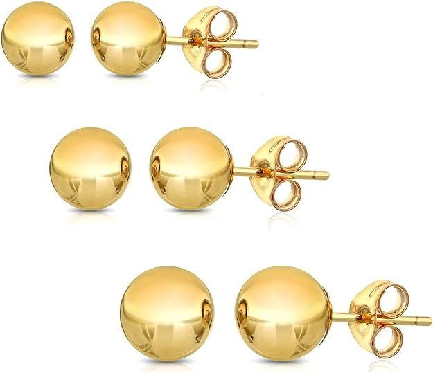 14K Solid Gold Ball Stud Earrings (3-Pair-Pack) 3MM 4MM and 5MM - Choose a Color | Amazon (US)