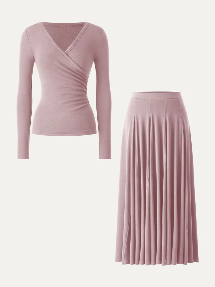 2Pcs Set Surplice Ruched Long Sleeve & Godet Hem Pull-on Maxi Skirt | OGLmove