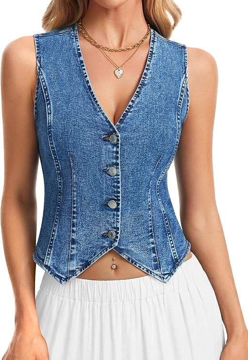 LYHIPSS Denim Vest Women Stretchy Denim Top V Neck Sleeveless Button Down Jean Vest Tops for Wome... | Amazon (US)