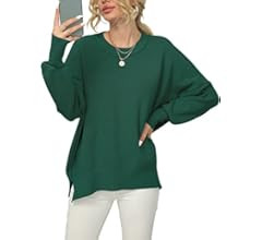 Women Crewneck Batwing Sleeve 2023 Fall Oversized Side Slit Ribbed Knit Pullover Sweater Top | Amazon (US)