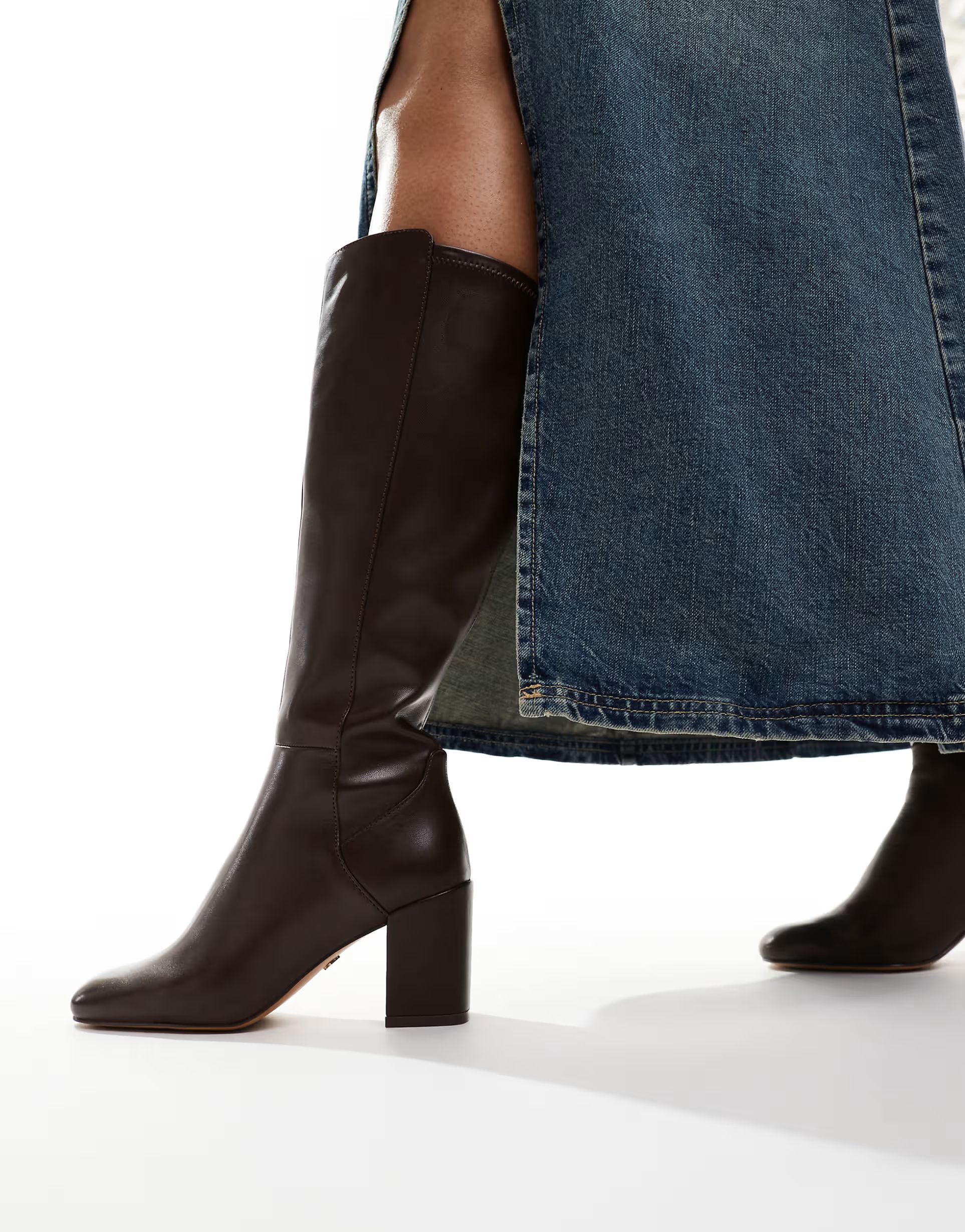 ALDO Wide leg Satori stretch knee boots in brown leather | ASOS (Global)