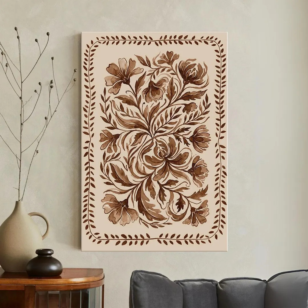 Brown Floral Folk Art Canvas Print, Vintage Sepia Botanical Wall Art, Rustic Farmhouse Decor, Neu... | Etsy (Global)