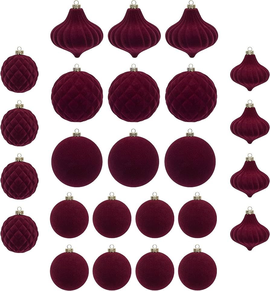 KI Store Velvet Christmas Balls Burgundy 25pcs Flocked Christmas Tree Ornaments Assortment for Xm... | Amazon (US)