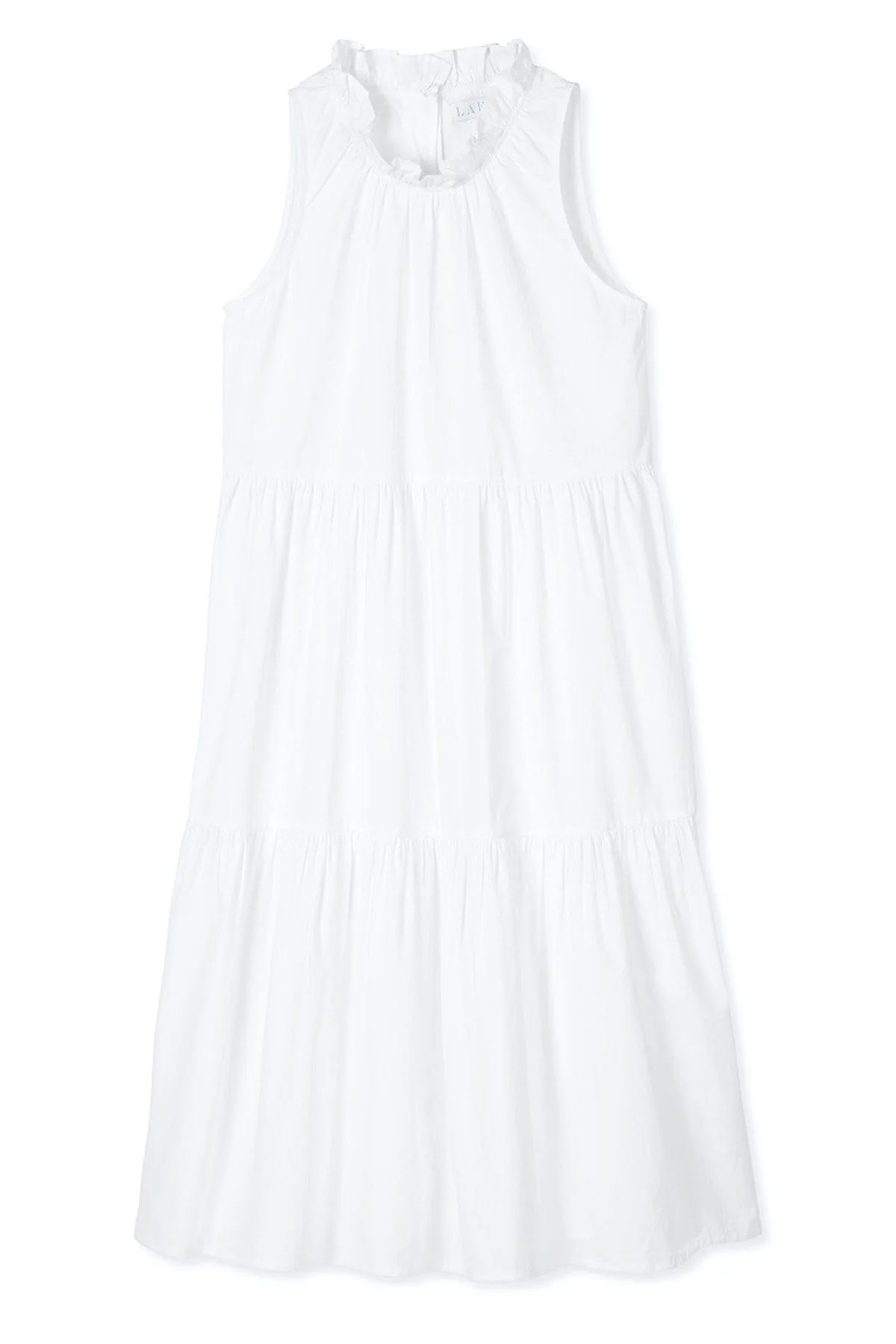 Poplin Ruffle Neck Dress in White | LAKE Pajamas