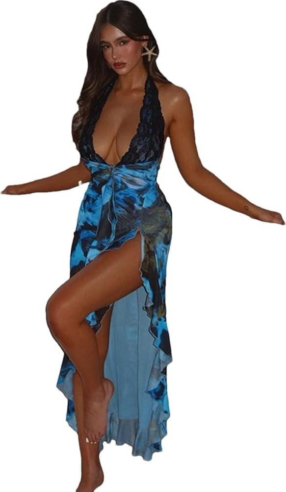 Women y2k Blue lace Halter Dress deep Vneck Backless lace Bodycon Dress Irregular high Split Flow... | Amazon (US)