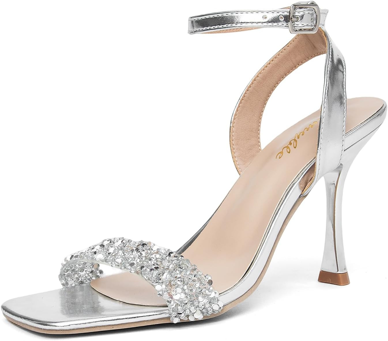 Women’s Rhinestone High Heel Sandals Square Open Toe Ankle Strap Sparkly Clear Strap Stiletto Heels Metallic Dress Shoes for Wedding Party Prom Evening | Amazon (US)