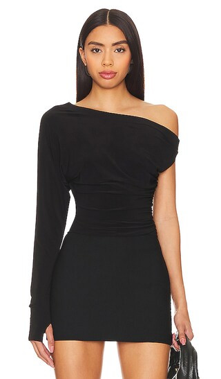 One Sleeve Drop Shoulder Side Drape Top in Black | Revolve Clothing (Global)