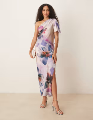 ASOS DESIGN satin one shoulder flutter sleeve midi dress in painted floral | ASOS (Global)