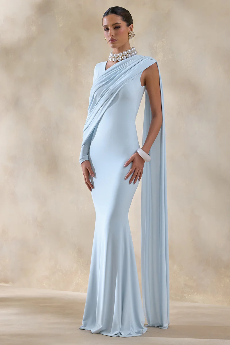 Rubelle  Powder Blue Asymmetric-Neck Maxi Dress With Draped-Detailing | Club L London