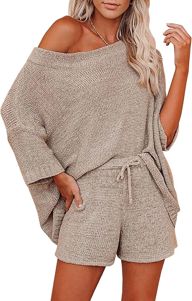 Ermonn Womens 2 Piece Outfits Sweater Sets Off Shoulder Knit Tops Waist Short Suits Casual Pajama Se | Amazon (US)