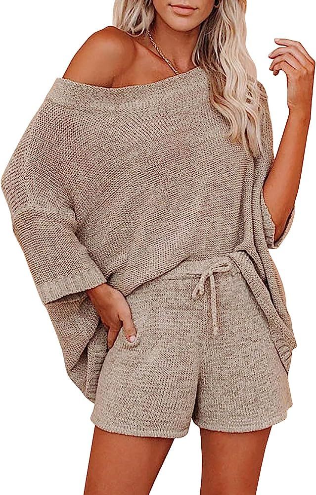 Ermonn Womens 2 Piece Outfits Sweater Sets Off Shoulder Knit Tops Waist Short Suits Casual Pajama Se | Amazon (US)