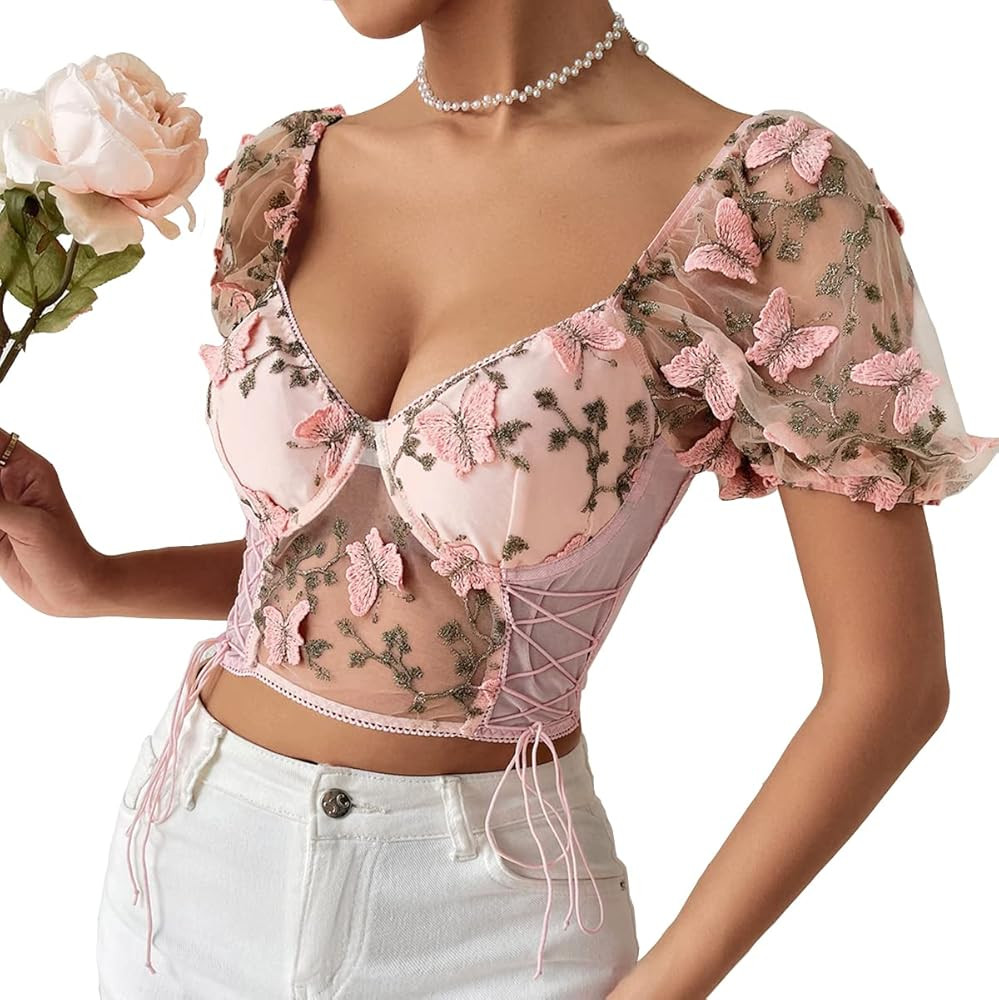 Women's Floral Embroidered Puff Sleeve Tops Slim Fit Corset Crop Top Sexy Bustier Tank Top T-Shir... | Amazon (US)