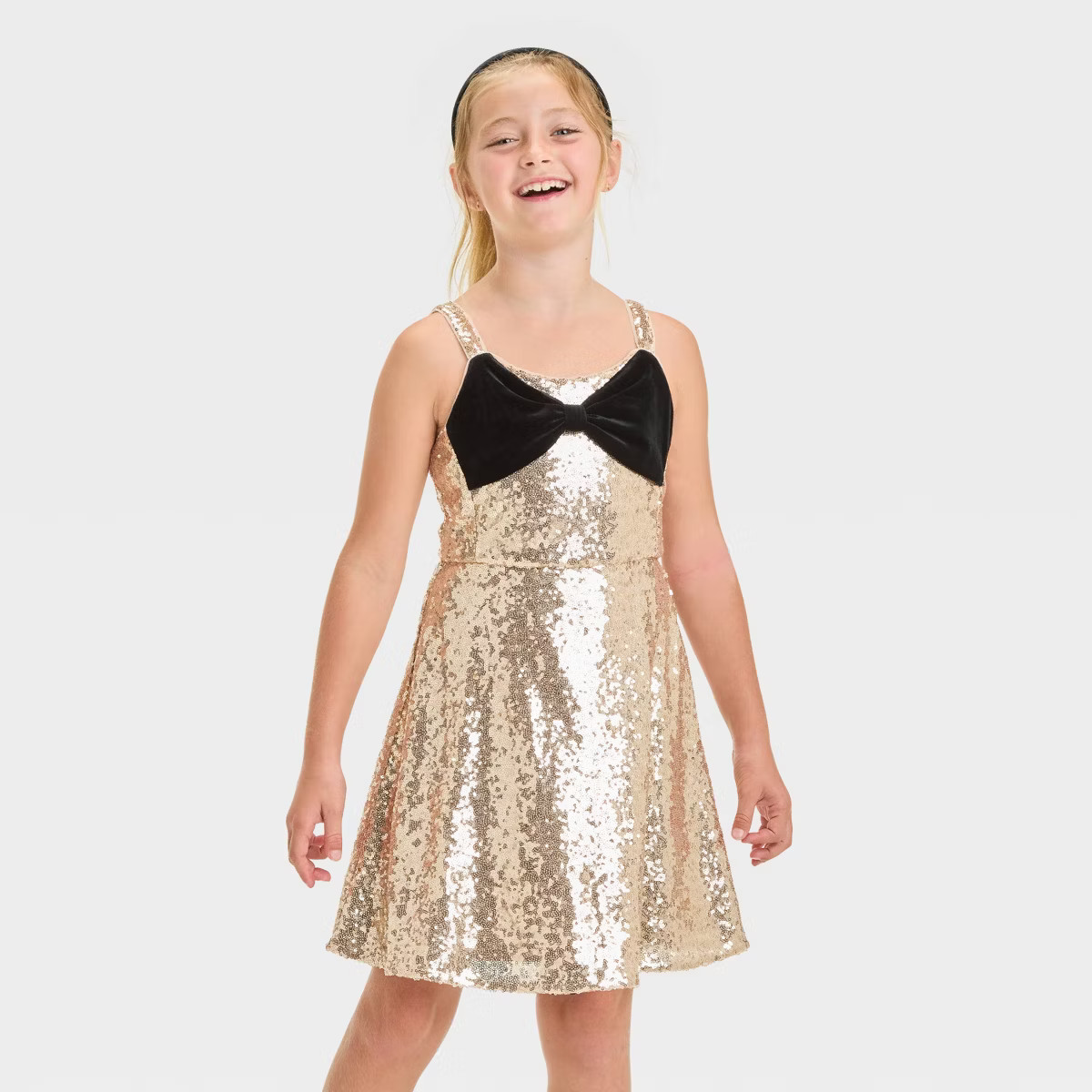 Girls' Sleeveless Sequin Skater Velvet Bow Dress - Cat & Jack™ Gold | Target