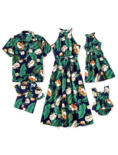 PATPAT Family Floral Outfits - Matching Hawaiian Shirts for Family - Tropical Floral Palm Leaf Print Beach Short Sleeve Polo Shirts - Father Son Matching - Navy Blue | Amazon (US)