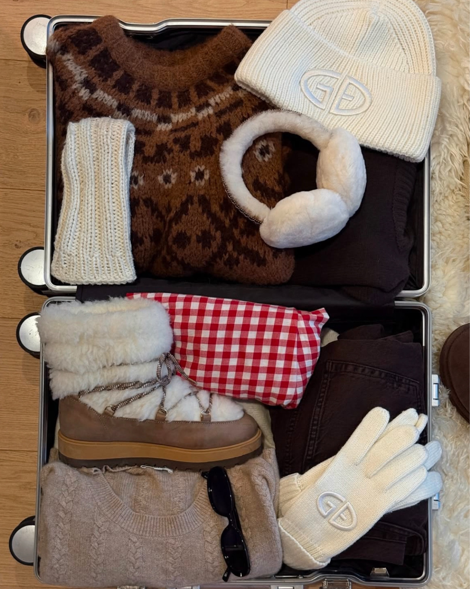 What I’ve packed in my suitcase to take with me to the airport to Lapland ❄️ lots of gorgeous cosy knitwear, winter accessories gloves and hats, Bobbies snow boots, Nap Co red gingham pyjamas and lots of thermals perfect for skiing holidays and winter retreats for Christmas 

#LTKwinter #LTKstyletip #LTKtravel