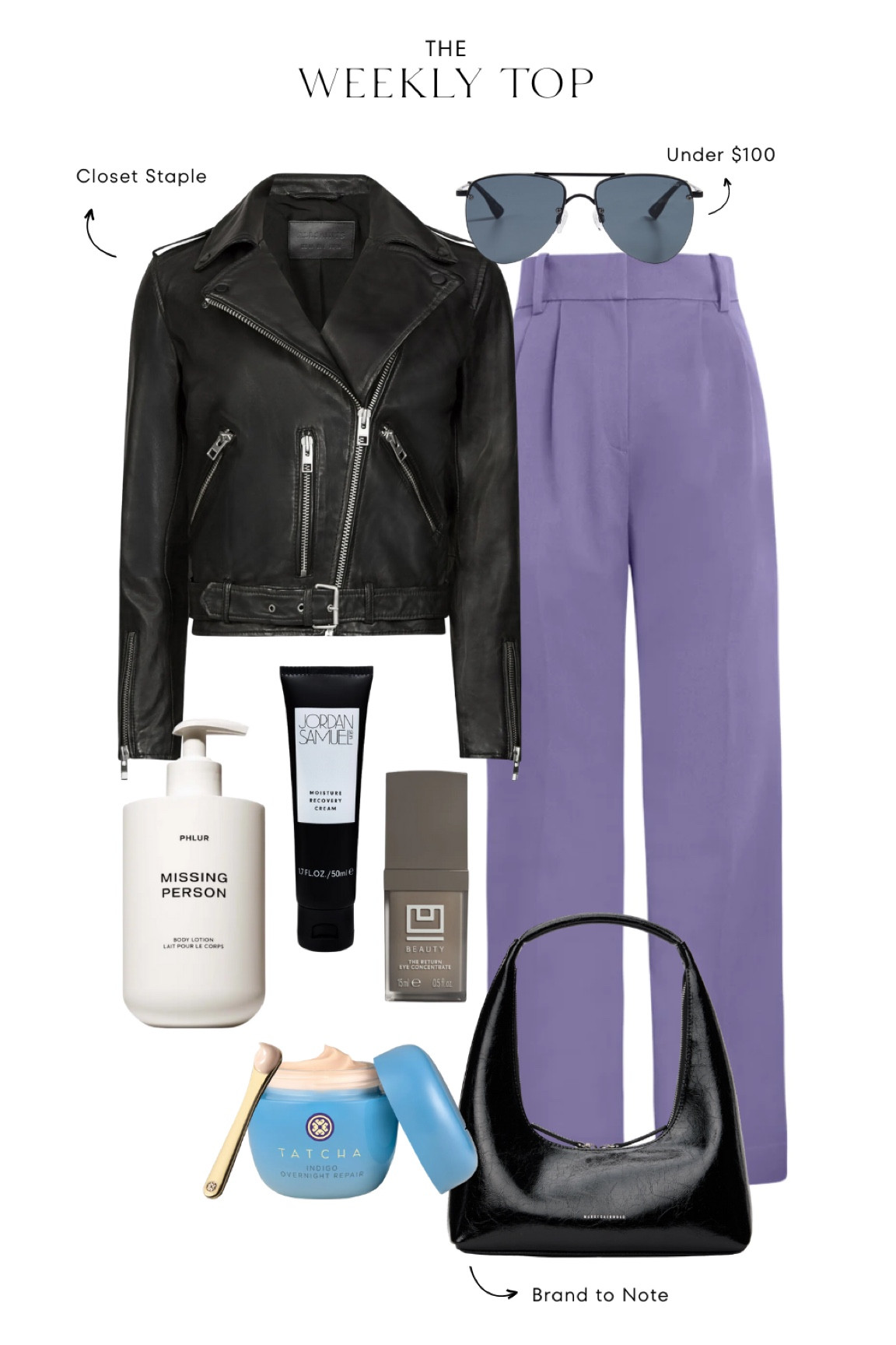 My Weekly Top picks! This leather jacket is a closet staple. I size up to an 8 for an oversized look! The moisture recovery cream from Jordan Samuel is a favorite. It is not linked below but find it here:  https://jordansamuelskin.com. For the eye balm, use code HELENA (first time buyers only). 

weekly top l leather jacket l skincare l favorite items l closet l staples 