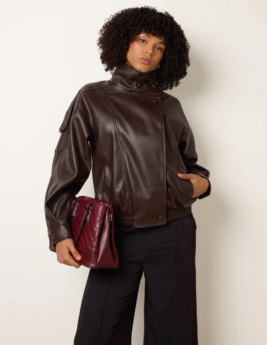 Chocolate| High Collar Faux Leather Jacket | Blue Vanilla | Blue Vanilla