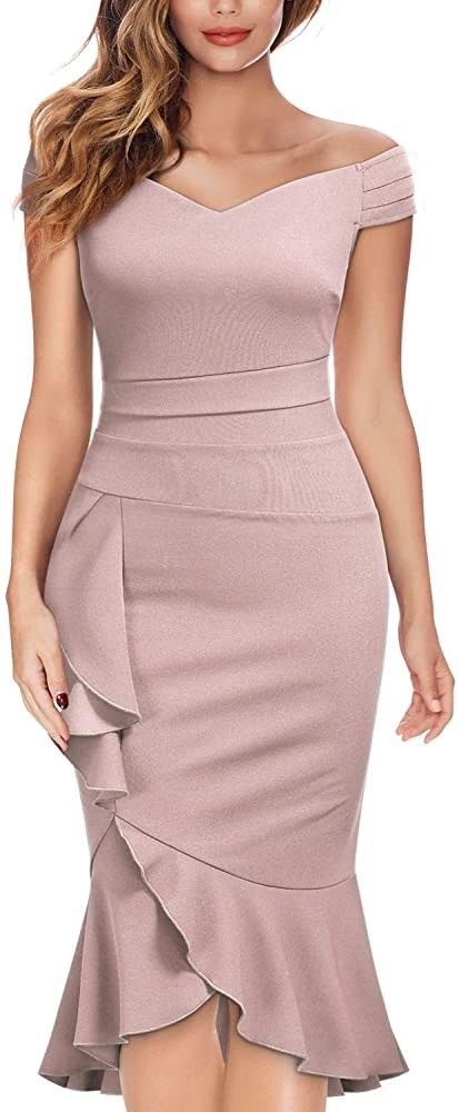Women's Off Shoulder V-Neck Ruffle Pleat Waist Bodycon - Pink Dresses | Amazon (US)