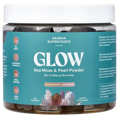 Akasha Superfoods, Glow, Sea Moss & Pearl Powder, Strawberry Lemonade, 60 Gummies | iHerb