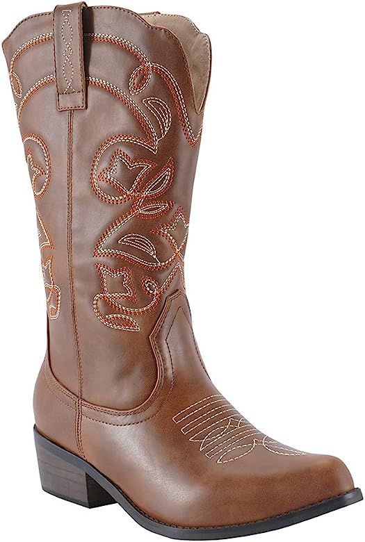 SheSole Women's Classic Pointed Toe Mid-Calf Embroidered Western Cowboy Boots | Amazon (US)