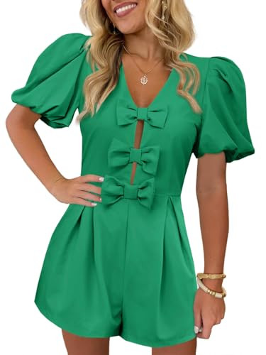 Cicy Bell Womens Cute Rompers Bow Front Puff Sleeve V Neck Short Jumpsuits Sexy Summer Outfits with Pockets | Amazon (US)