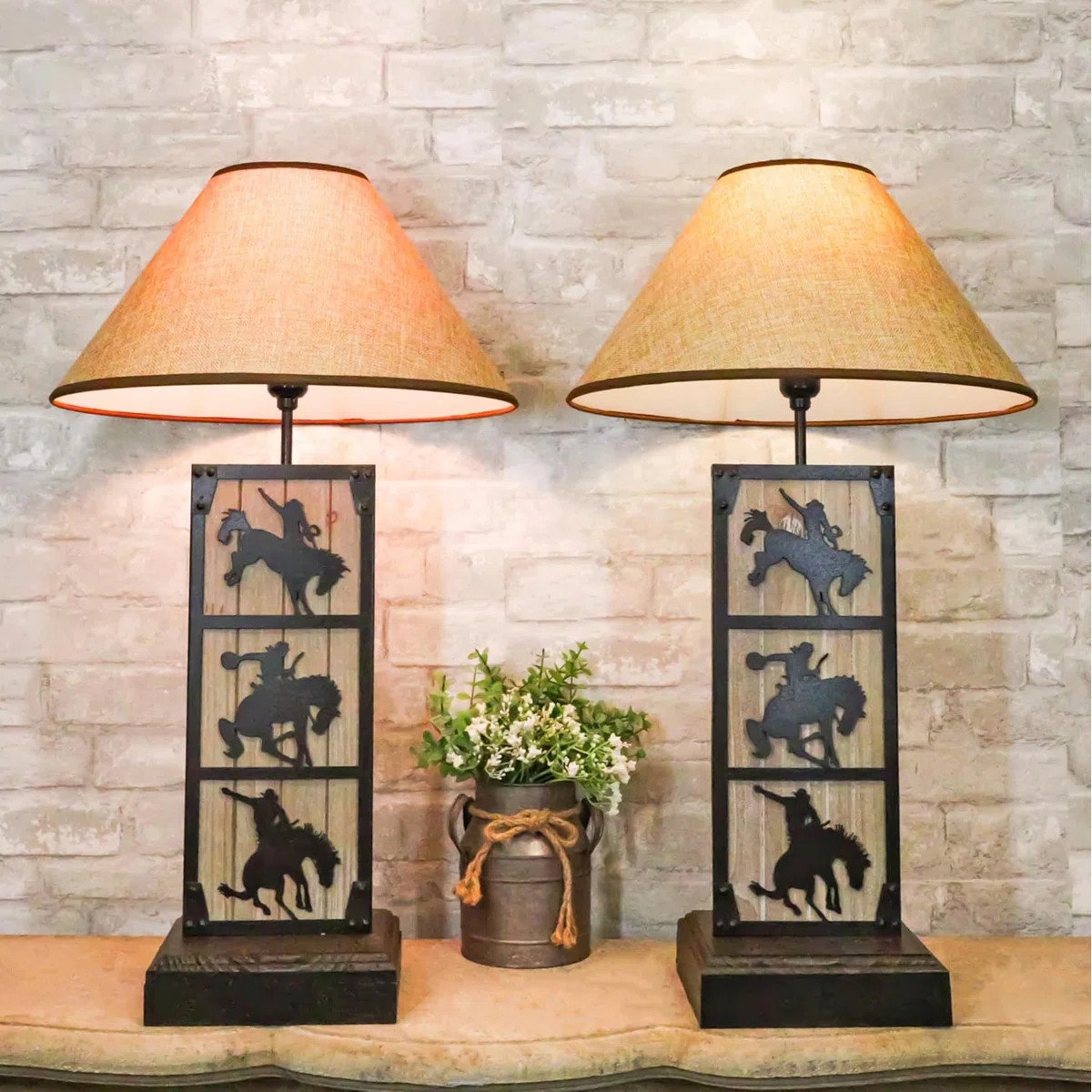 Set Of 2 Rustic Western Cowboy On Giddy Up Horse Wood Metal Bedside Table Lamps (Set of 2) | Wayfair North America