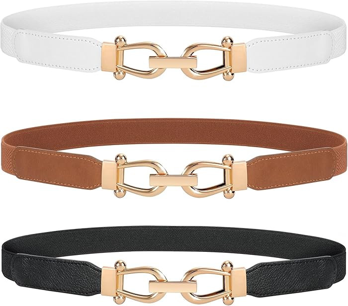 JASGOOD Women Stretchy Waist Belt Retro Elastic Skinny Belt for Ladies with Gold Buckle | Amazon (US)