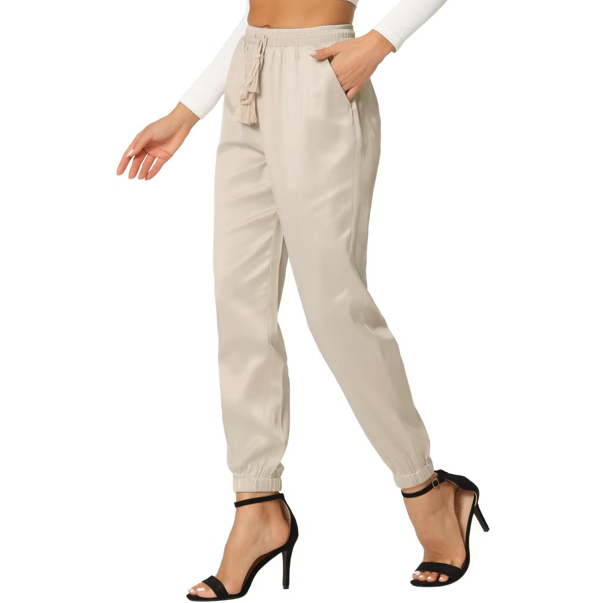 INSPIRE CHIC Women's Drawstring Elastic Waist Ankle Length Satin Joggers Pants with Pocket | Target