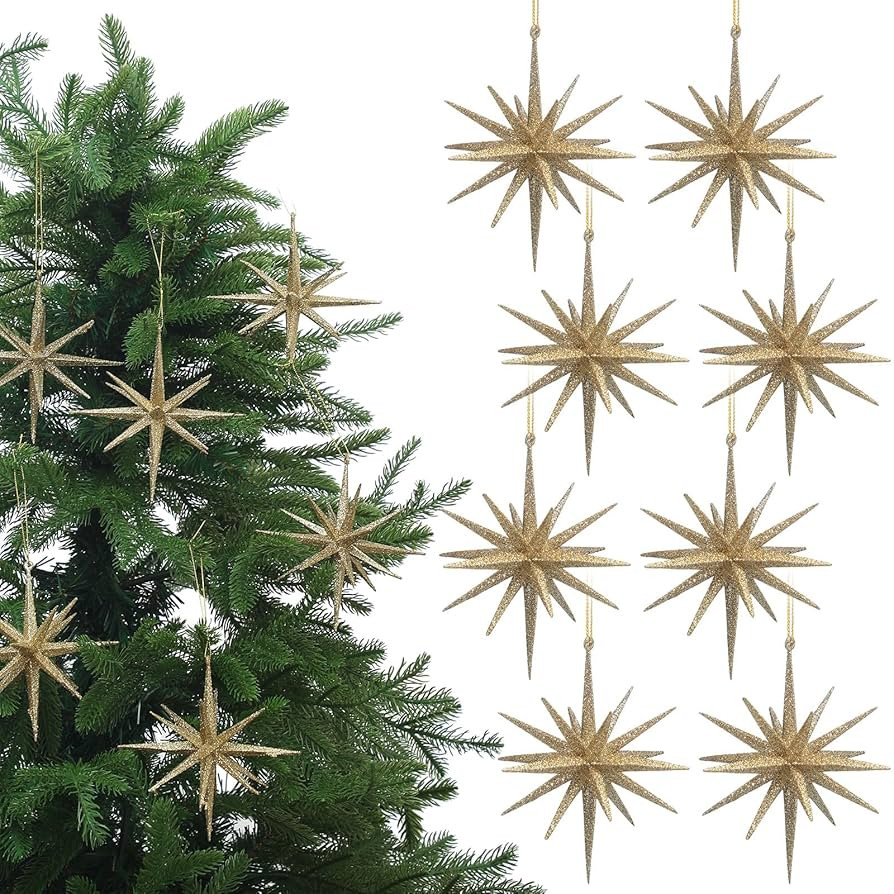 6 Inch Set of 8 Glitter Large Star Hanging Ornaments Christmas Tree Decorations Plastic Festive E... | Amazon (US)