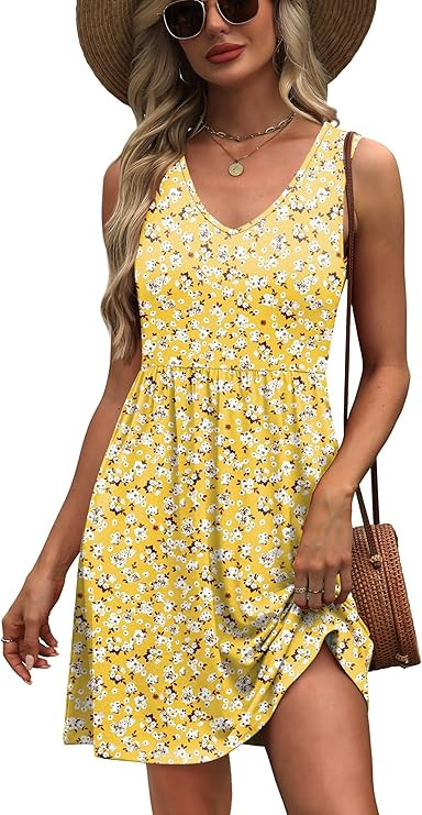 WIHOLL Summer Dresses for Women 2026 Casual V Neck Sleeveless Tank Dress Beach Sundresses with Po... | Amazon (US)