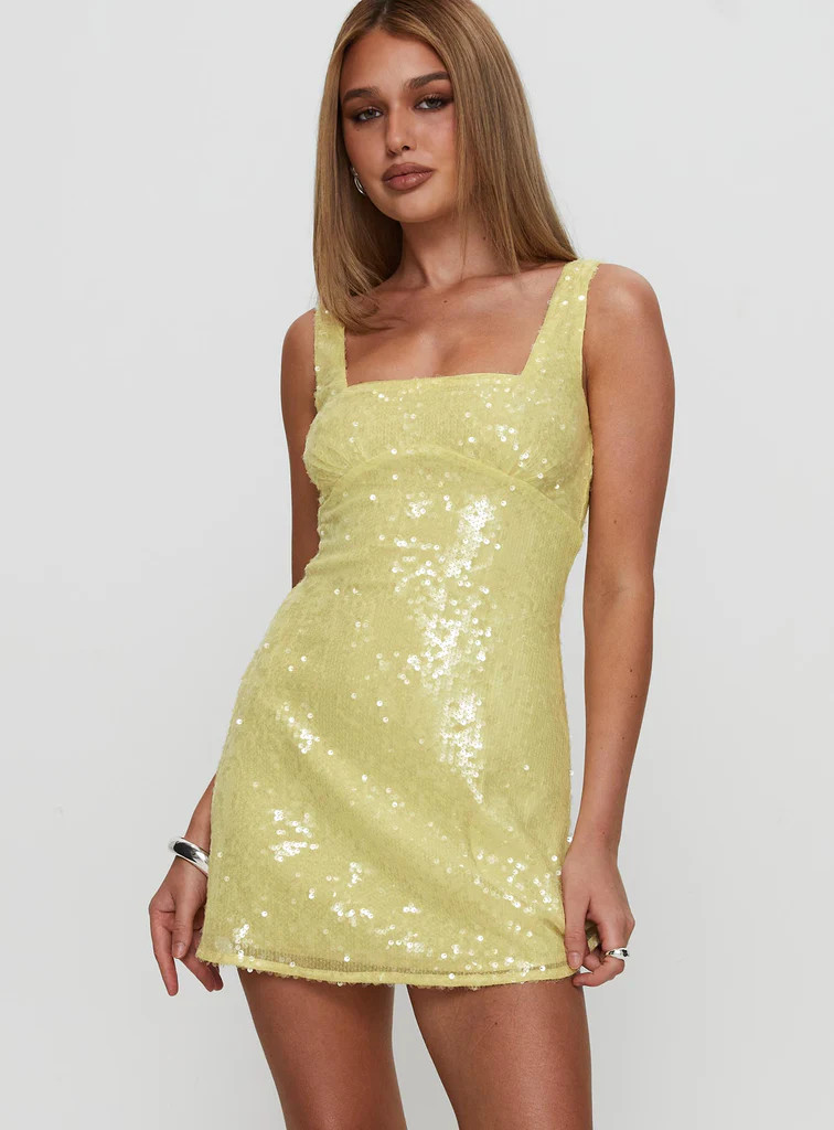 Dasha Mini Dress Yellow Sequin | Princess Polly US