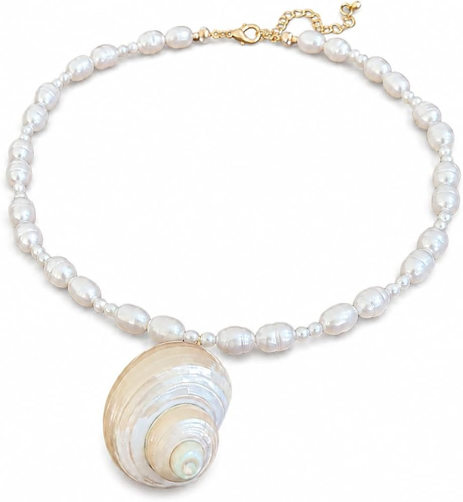 Faux Pearl Shell Pendant Necklace for Women, Baroque Pearl Statement Choker Necklace, Coastal Vin... | Amazon (US)
