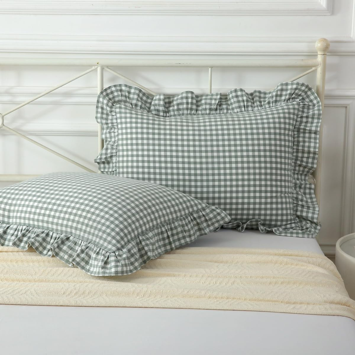 Vintage Dusty Green Plaid Ruffle Pillow Shams Standard Size Set of 2,Washed Cotton Checkered Ging... | Amazon (US)