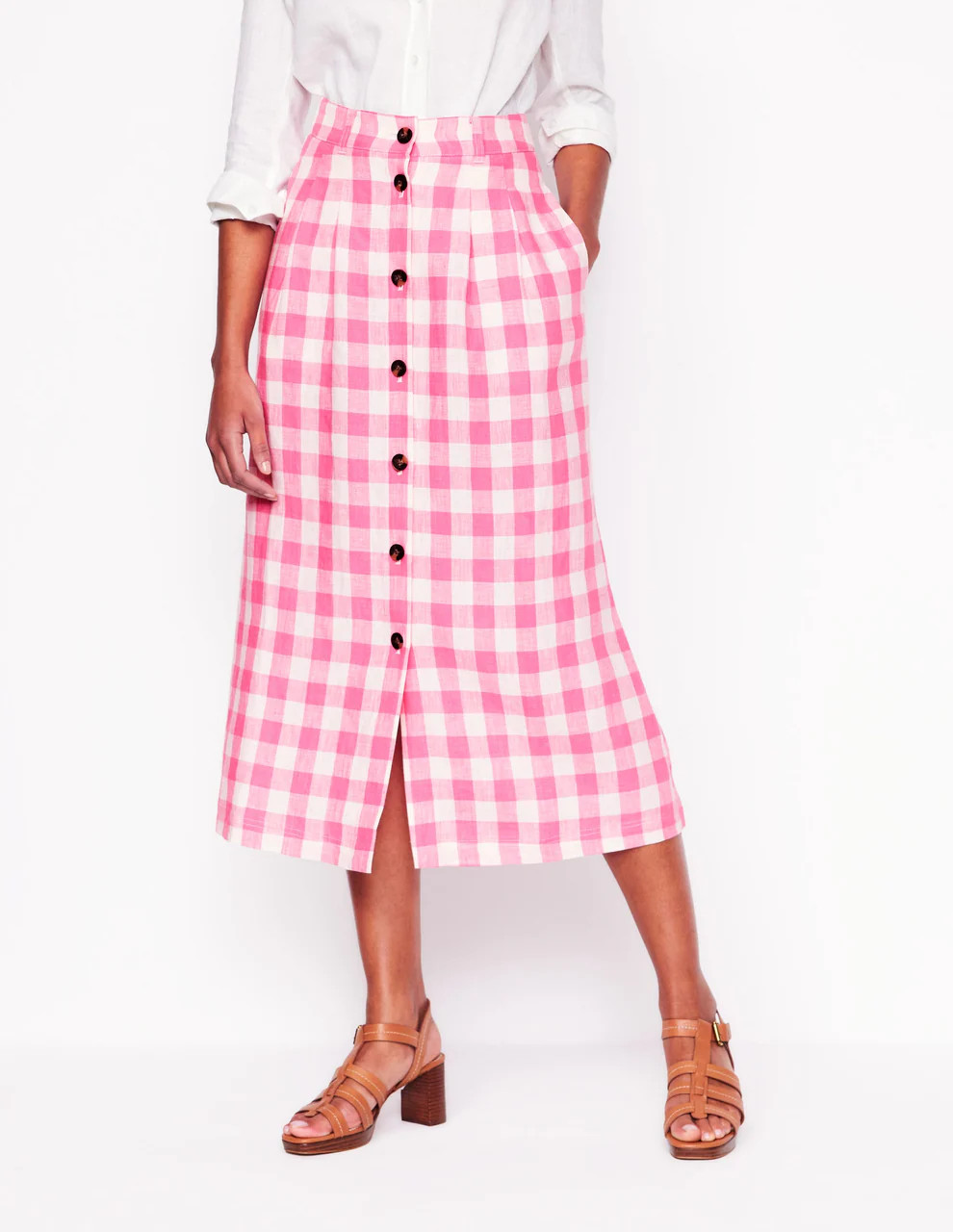 Thomasina Linen Midi Skirt-Pink Gingham | Boden UK