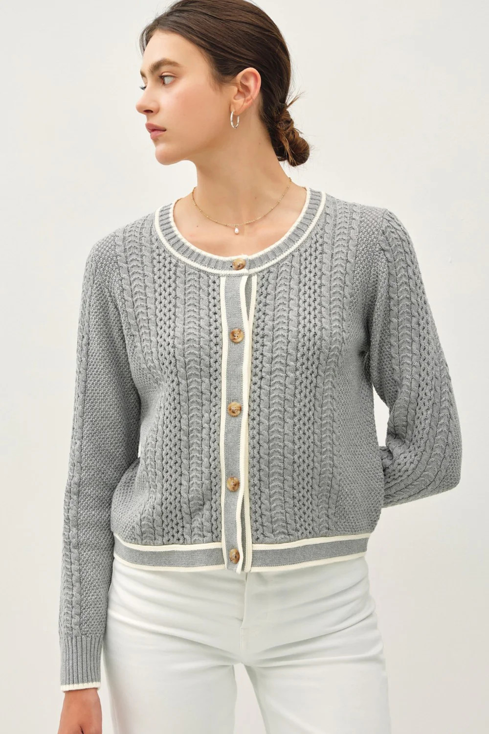 Cable Knit Long Sleeve Contrast Edge Cardigan S | Casual Chic Boutique
