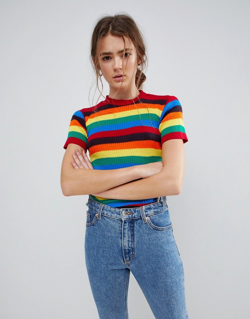 Daisy Street Short Sleeve Sweater In Rainbow Stripe - Multi | ASOS US