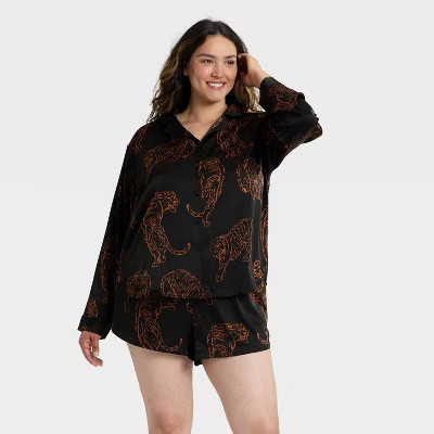 Women's Satin Notch Collar Long Sleeve Shirt and Shorts Pajama Set - Auden™ Tiger Print M | Target