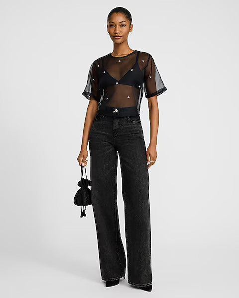 Embellished Sheer Organza Crew Neck Short Sleeve Tee | Express
