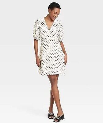 A New Day Women's M Dress Ivory Black Balloon Short Sleeve Mini Wrap Polka Dots  | eBay | eBay US