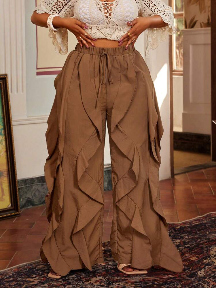 Maweii Plus Size Stylish Casual Ruffle Hem Pants, Versatile American Style | SHEIN