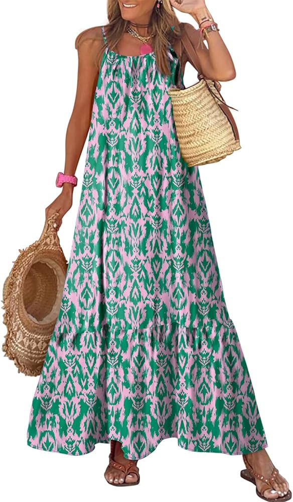 Dokotoo Women Summer Dresses 2025 Spaghetti Strap Scoop Neck Smocked Ruffle Flowy Boho Maxi Dress | Amazon (US)