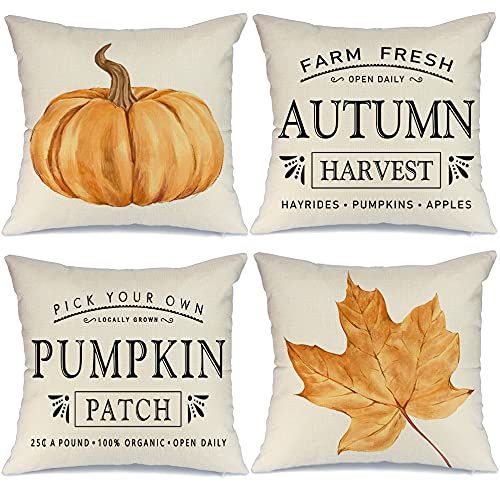 AENEY Fall Pillow Covers 18x18 inch Set of 4 Pumpkin Maple Leaf Harvest Outdoor Fall Pillows Decorat | Amazon (US)