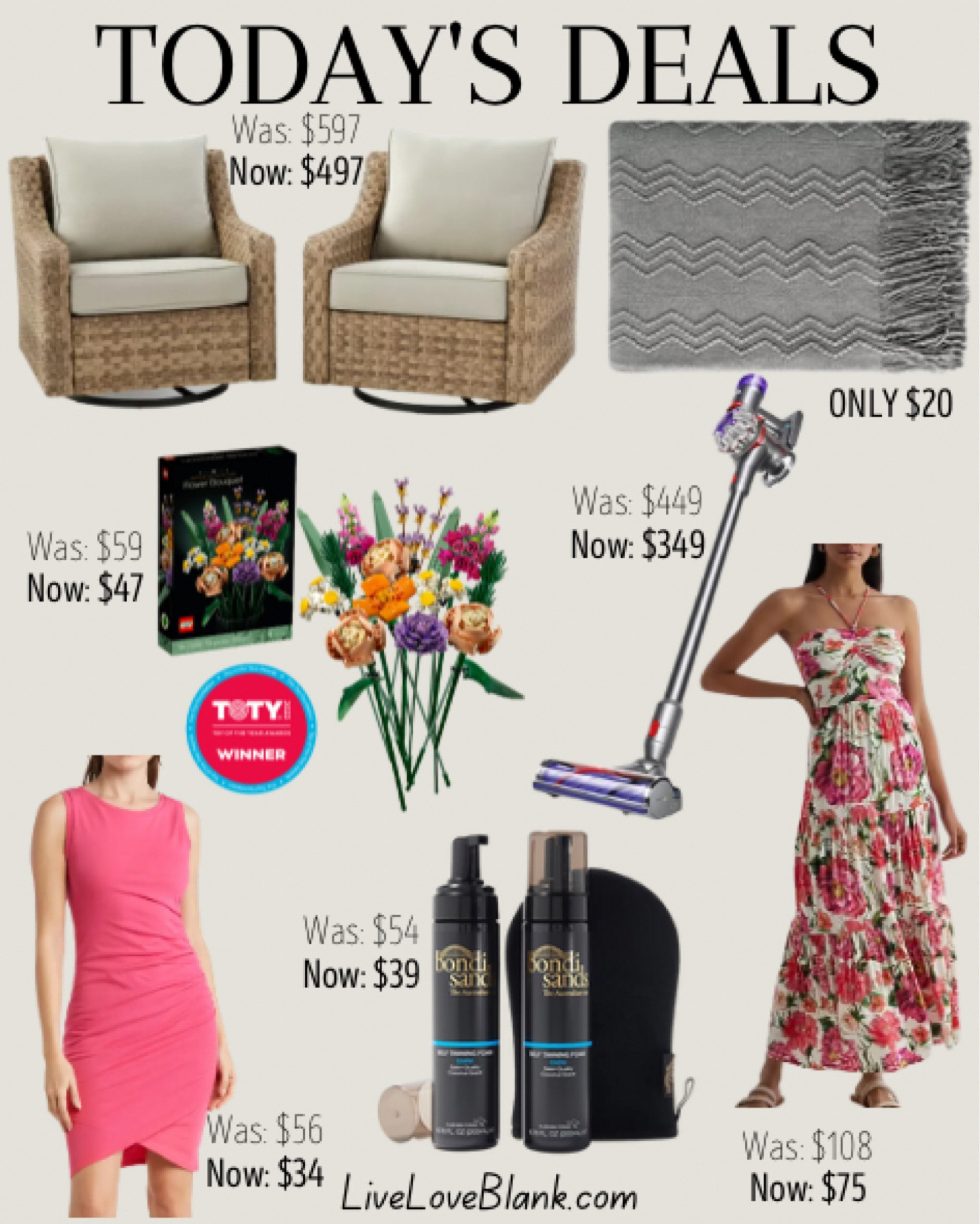 Todays deals 
2 piece swivel glider set save $100
Knit blanket only $20…has over 34k positive reviews!
Lego icons flower bouquet save $12
Dyson v8 code free vacuum under $350
Bodycon sleeveless dress under $35
Bondi sands self tanning foam under $40
Express dress 40% off 
#LTKseasonal 
#LTKFind #LTKstyletip

#LTKhome #LTKsalealert #LTKstyletip