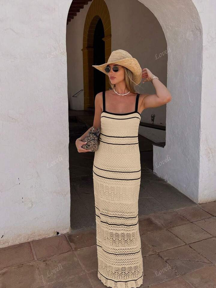 Women's Elegant Simple Black And Apricot Contrast Striped Cami Slim Knitted Dress Sleeveless Casual Beach Hollow Out Bodycon Crochet Sundresses, Spring Summer Fall | SHEIN