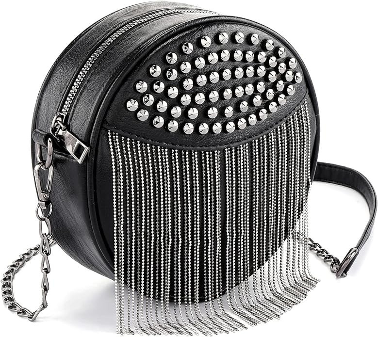 Primila Women Crossbody Handbag Purse Circle Rivet Tassel Clutch Small PU Leather Punk Rock Party... | Amazon (US)