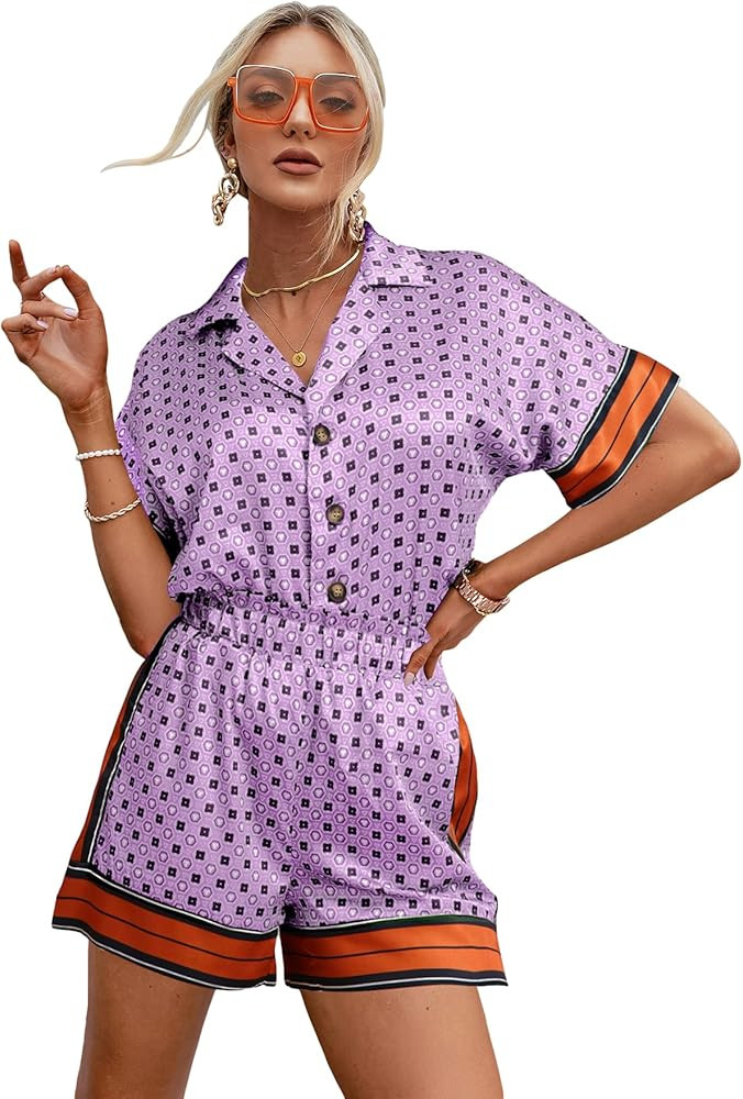 OYOANGLE Women's 2 Piece Outfits Boho Button Front Short Sleeve Printed Blouse Paperbag Waist Sho... | Amazon (US)