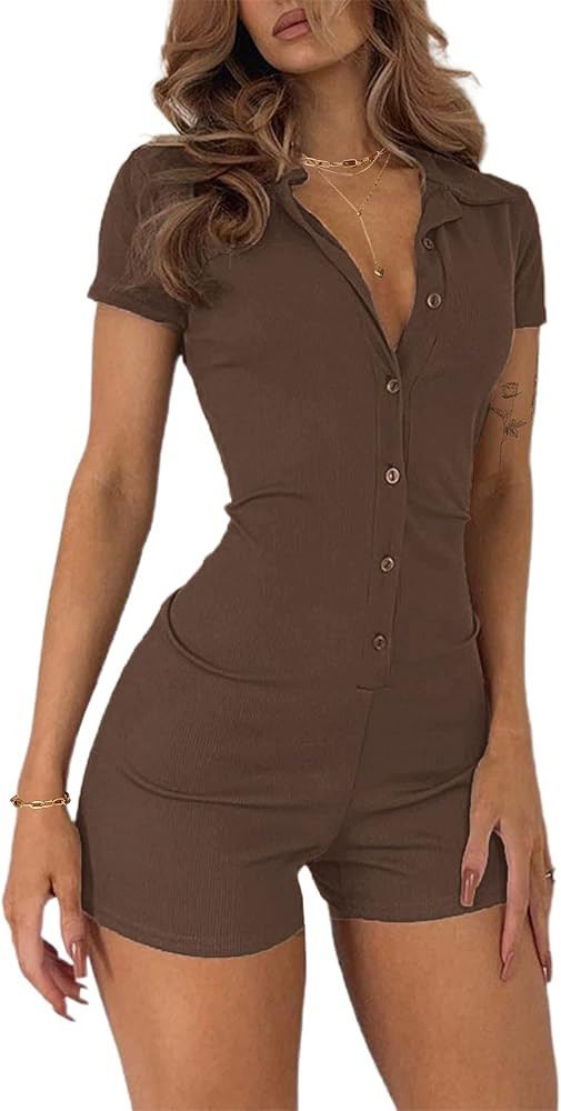 LilyCoco Women's Short Sleeve Ribbed Knit Button Front Collar Romper Playsuit Bodysuit | Amazon (US)